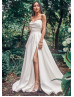 Strapless Ivory Pleated Satin Slit Sexy Wedding Dress